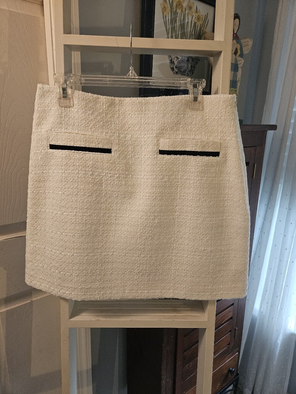 LOFT White Bouclé Mini Skirt with Black Pocket Trim